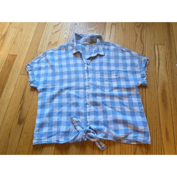 Beach Lunch Lounge Blue & White Checkered Linen-Cotton Tie-Front Shirt Size M - Picture 2 of 7